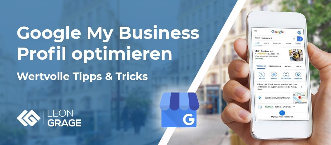 Beitragsbild „Google My Business Profil optimieren“: Smartphone zeigt ein Google-Unternehmensprofil