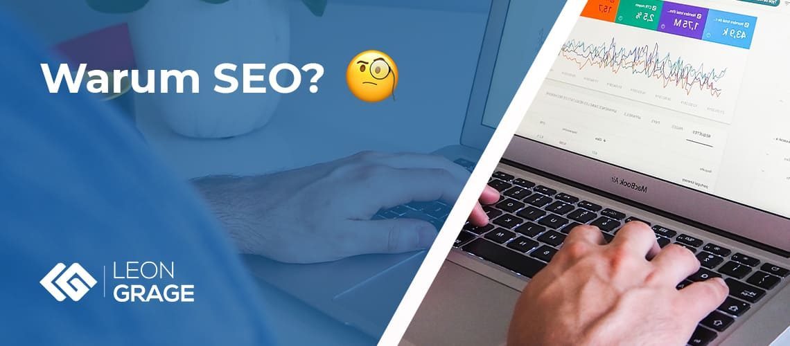 Beitragsbild „Warum SEO?“: Hände tippen auf einem Laptop mit SEO-Statistiken